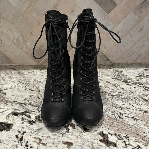 JOIE Break On Through Black Leather Wedge Lace-Up Midi Boots Size 37 - Picture 5 of 9